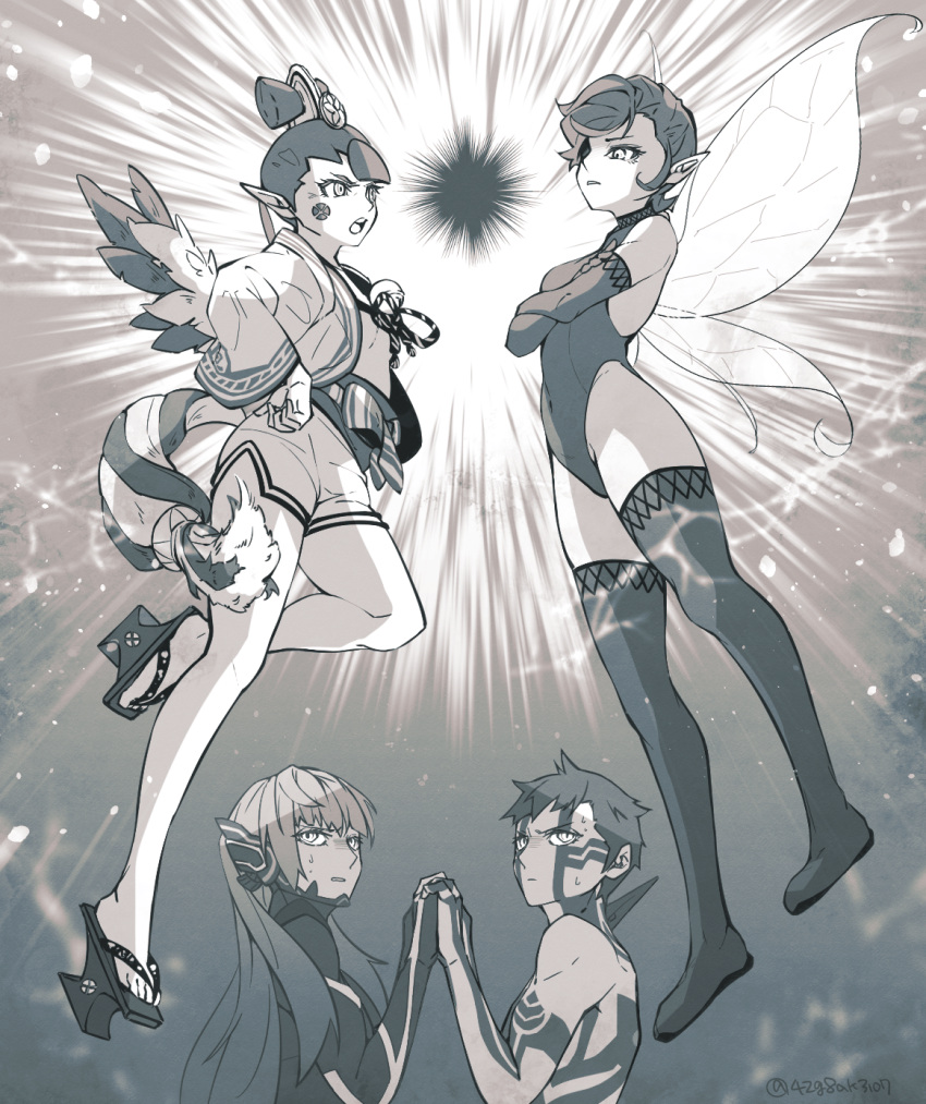 2boys 2girls amanozako_(megami_tensei) androgynous crossed_arms demi-fiend fairy fairy_wings floating full-body_tattoo glaring greyscale highres japanese_clothes kiriko_(42g8ak3107) leotard mini_person minigirl monochrome multiple_boys multiple_girls open_mouth pixie_(megami_tensei) pointy_ears protagonist_(smtv) sandals shin_megami_tensei shin_megami_tensei_iii:_nocturne shin_megami_tensei_v short_hair sweatdrop tattoo thighhighs very_short_hair wings