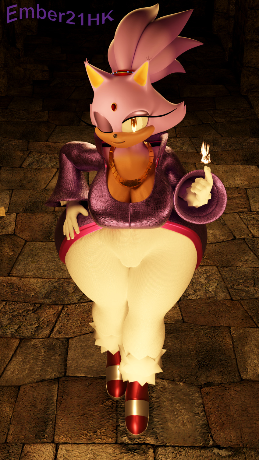 3d_(artwork) absurd_res anthro big_breasts big_butt blaze_the_cat blender_(software) breasts brown_body butt clothing digital_media_(artwork) domestic_cat ember21hk felid feline felis female footwear fur genitals gloves gold_(metal) gold_jewelry gold_necklace hair hand_on_hip handwear hi_res huge_butt jewelry looking_at_viewer mammal necklace one_eye_closed purple_body purple_fur sega shoes smile solo solo_focus sonic_the_hedgehog_(series) tail thick_thighs wide_hips wink