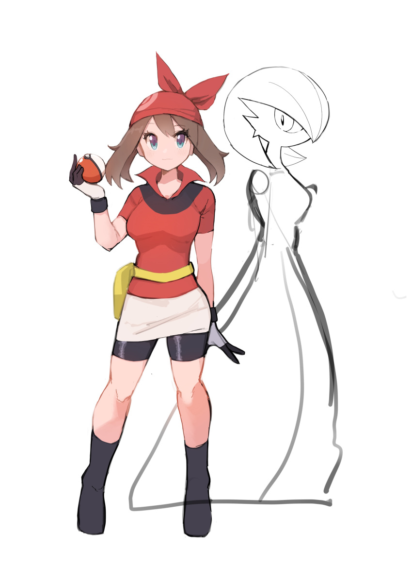 1girl absurdres aqua_eyes bandana bike_shorts breasts brown_hair closed_mouth collared_shirt commentary_request eyelashes fanny_pack full_body gardevoir gloves hand_up highres may_(pokemon) medium_hair partially_colored pokemon pokemon_(creature) pokemon_rse red_bandana red_shirt shirt short_sleeves skirt smile socks standing taipe_pepe white_skirt yellow_bag