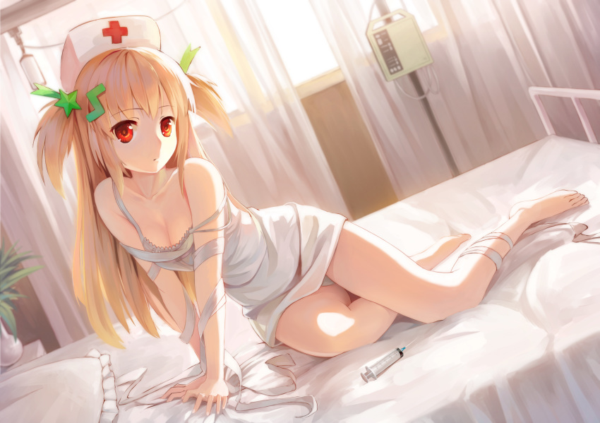 barefoot bed blonde_hair breasts cleavage nurse original panties red_eyes underwear xiaoyin_li