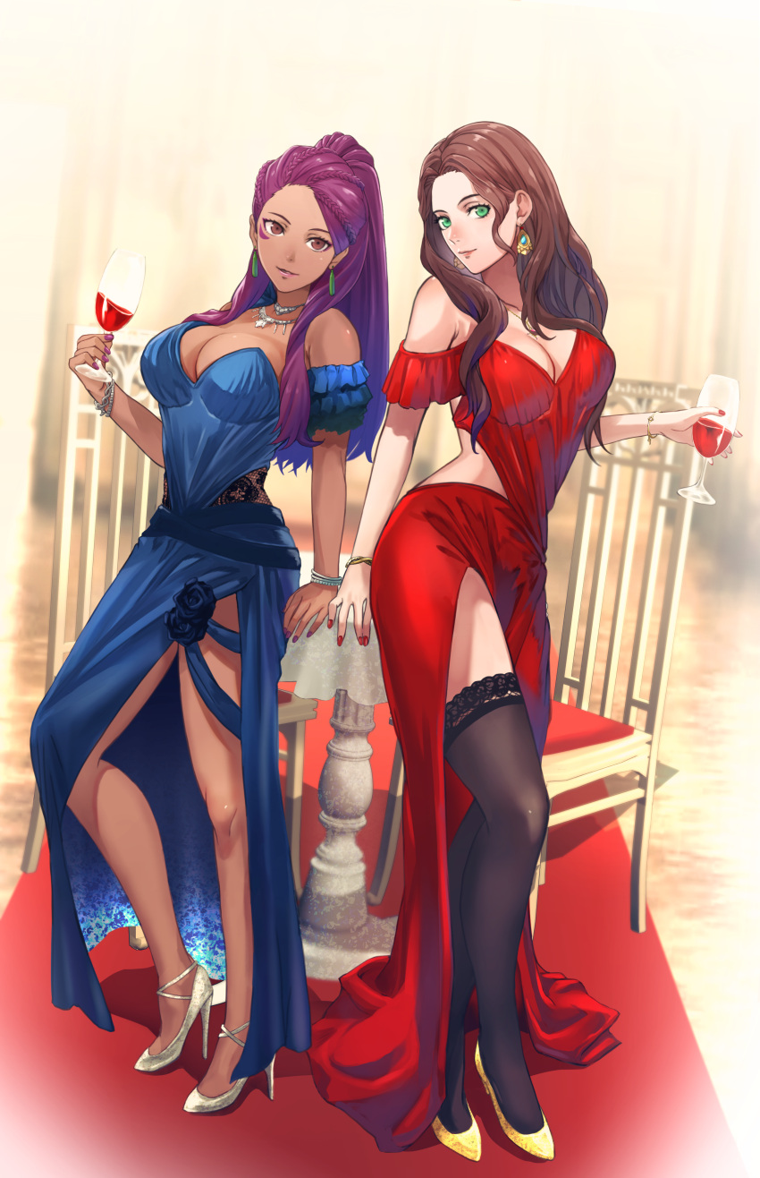 2girls absurdres alcohol alternate_costume bad_source bracelet braid braided_ponytail breasts brown_eyes brown_hair carpet chair cleavage commission commissioner_upload cup dark-skinned_female dark_skin dorothea_arnault dress drinking_glass earrings facial_mark fire_emblem fire_emblem:_three_houses gauss_&lt;bokashi green_eyes hair_pulled_back high_heels highres jewelry long_hair looking_at_viewer medium_breasts multiple_braids multiple_girls nail_polish petra_macneary ponytail purple_hair skeb_commission table thighhighs wine wine_glass