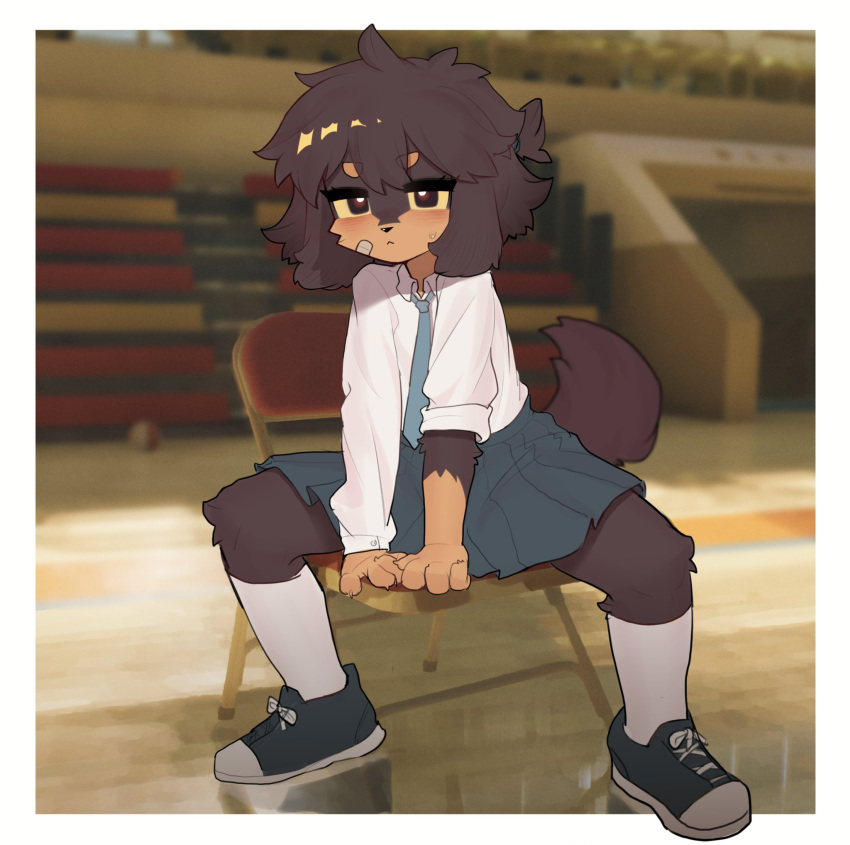 2023 anthro bandage_on_face blank_expression blush bottomwear brown_body brown_fur brown_hair canid canine canis chair clothing crayon_(artist) digital_media_(artwork) domestic_dog female female_anthro flat_chested floppy_ears footwear fur furniture hair hi_res kemono knee_highs knee_socks legwear looking_at_viewer lop_ears mammal necktie school_uniform shoes short_hair skirt socks solo spread_legs spreading tail tan_body tan_fur uniform young