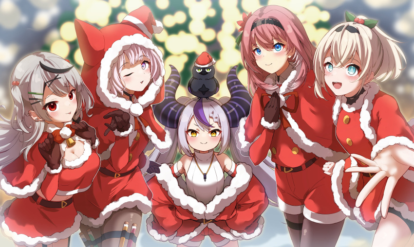 5girls :d :p absurdres alternate_costume animal_on_head bird bird_on_head black_hair blonde_hair blowing_kiss blue_eyes blurry blurry_background blush brown_gloves brown_pantyhose capelet commentary_request crow_(la+_darknesss) demon_girl demon_horns dress fur-trimmed_capelet fur-trimmed_gloves fur-trimmed_skirt fur-trimmed_sleeves fur_trim gloves grey_hair hairband hakui_koyori hand_on_own_hip hat highres hololive holox hood hooded_capelet horns huge_horns kazama_iroha la+_darknesss long_hair long_sleeves multicolored_hair multiple_girls off_shoulder on_head one_eye_closed pantyhose pink_eyes ponytail purple_eyes purple_hair reaching reaching_towards_viewer red_capelet red_eyes red_skirt sakamata_chloe santa_costume santa_dress santa_hat shorts skirt smile streaked_hair striped_horns takane_lui tenmon_(tenmon0715) test_tube tongue tongue_out virtual_youtuber yellow_eyes