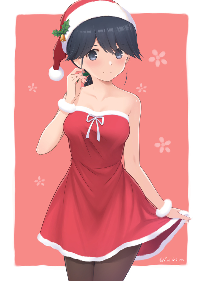 1girl alternate_costume azuki-iro bare_shoulders black_hair black_pantyhose blue_eyes breasts christmas dress fur-trimmed_dress fur-trimmed_headwear fur_trim hat highres houshou_(kancolle) kantai_collection long_hair medium_breasts pantyhose ponytail red_dress red_headwear santa_dress santa_hat short_dress solo strapless strapless_dress wrist_cuffs