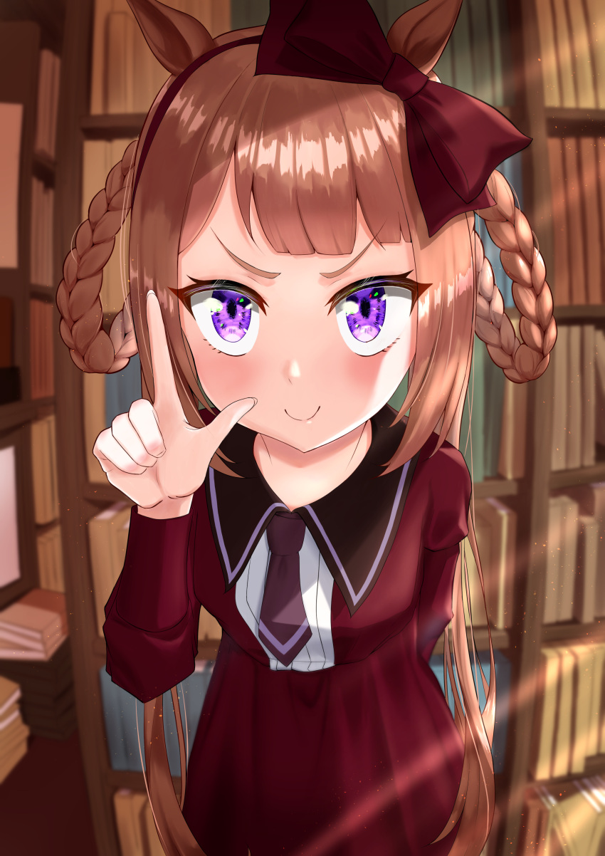 1girl absurdres akanehiiro animal_ears arms_behind_back blush bookshelf breasts brown_hair casual closed_mouth commentary_request hair_rings headband highres horse_girl lens_flare library pointing ribbon small_breasts smile solo sweep_tosho_(umamusume) twintails umamusume