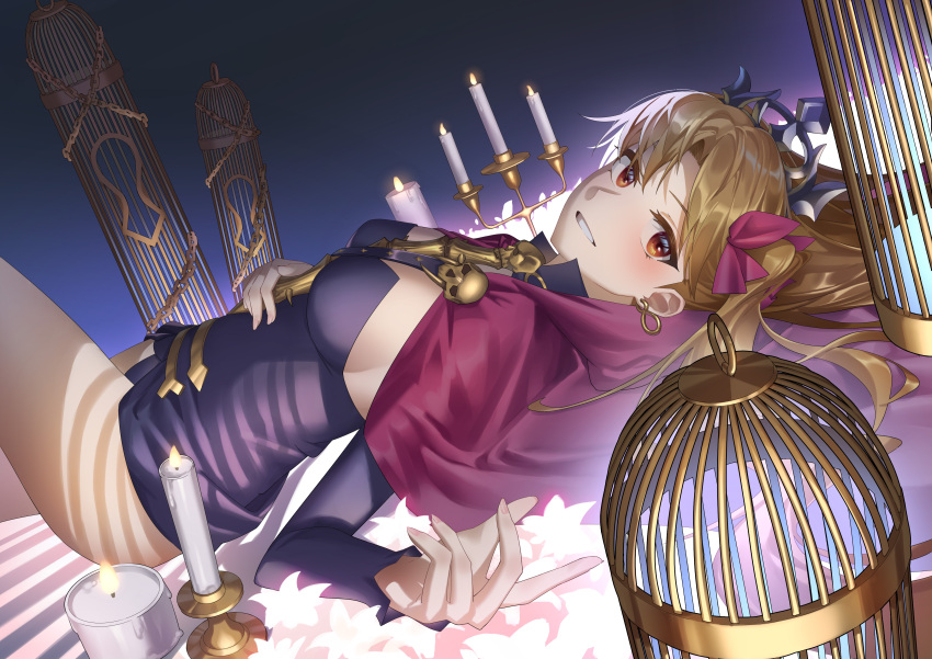 1girl absurdres blonde_hair breasts cage candelabra candle candlestand cape earrings ereshkigal_(fate) fate/grand_order fate_(series) flower hand_on_own_stomach highres jewelry long_hair lying medium_breasts on_back red_cape smile tiara zero_yee