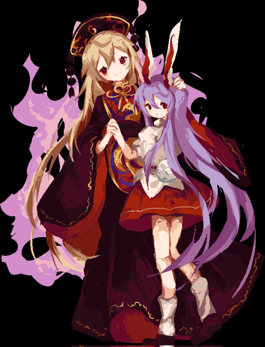 2girls :o animal_ears black_background black_dress black_headwear blonde_hair blush chinese_clothes dress gold_trim hair_ornament highres holding_another's_head holding_hands junko_(touhou) long_hair looking_at_viewer looking_to_the_side loose_socks multiple_girls phoenix_crown phoenix_print pixel_art pom_pom_(clothes) rabbit_ears rabbit_girl rabbit_tail red_hair red_skirt red_tabard reisen_udongein_inaba rrrssr shirt short_sleeves skirt smile socks tabard tail tassel tassel_hair_ornament touhou very_long_hair white_shirt white_socks wide_sleeves