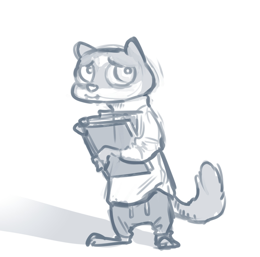 2017 anthro barefoot book clothed clothing disney fan_character holding_book holding_object male mammal monochrome mustelid nobby_(artist) percy_vison polecat simple_background solo standing white_background zootopia