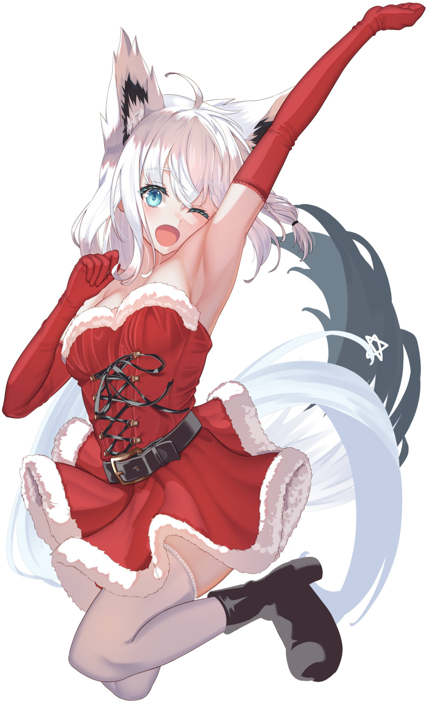 1girl absurdres ahoge animal_ear_fluff animal_ears aqua_eyes armpits belt black_footwear black_tail boots braid breasts collarbone cross-laced_clothes crossed_bangs dress elbow_gloves extra_ears fox_ears fox_girl fox_tail full_body fur_trim gloves highres hololive jumping laughing long_hair low-tied_long_hair medium_breasts multicolored_tail one_eye_closed open_mouth pentagram red_gloves santa_costume santa_dress shirakami_fubuki side_braid sidelocks simple_background single_braid sleeveless solo strapless ta_shiuji30 tail tail_under_clothes thighhighs virtual_youtuber white_background white_hair white_tail