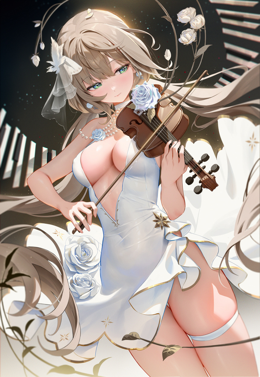 1girl absurdres blonde_hair blush bow_(music) breasts closed_mouth commentary_request covered_navel dress dress_flower dutch_angle earrings flower green_eyes hair_between_eyes hair_ornament hair_ribbon highres holding holding_instrument holding_violin houkisei instrument jewelry large_breasts long_hair low_twintails medium_breasts momoko_(houkisei) music necklace original pearl_necklace playing_instrument ribbon rose side_slit sleeveless sleeveless_dress smile solo thigh_strap twintails very_long_hair violin white_dress white_flower white_ribbon white_rose