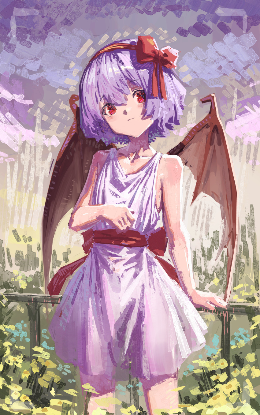 1girl absurdres bat_wings bow dress hair_bow hairband highres looking_at_viewer nature nepperoni petite purple_hair railing red_eyes red_hairband remilia_scarlet short_dress short_hair sleeveless sleeveless_dress solo touhou white_dress wings