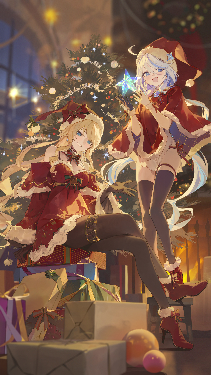 2girls absurdres ahoge alternate_costume aqua_eyes black_pantyhose black_thighhighs blonde_hair blue_eyes blue_hair blurry blurry_background blush boots box box_stack breasts christmas christmas_tree commentary_request crossed_legs detached_collar detached_sleeves dress feet_out_of_frame french_commentary full_body fur-trimmed_dress fur-trimmed_headwear fur-trimmed_sleeves fur_trim furina_(genshin_impact) genshin_impact gift gift_box gloves hat highres light_blue_hair long_hair looking_at_viewer modare multicolored_hair multiple_girls navel open_mouth panties pantyhose pom_pom_(clothes) red_dress red_headwear santa_costume santa_hat side-tie_panties sitting sleeves_past_wrists small_breasts smile solo streaked_hair teeth thigh_strap thighhighs thighlet thighs underwear very_long_hair white_hair
