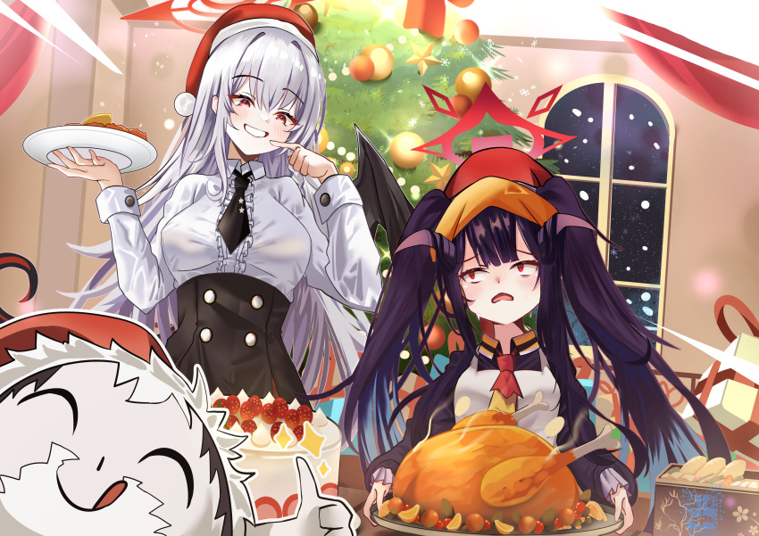 1boy 2girls absurdres apron black_dress black_hair black_horns black_necktie black_skirt black_wings blue_archive blush box braid breasts cakt center_frills christmas christmas_ornaments christmas_tree demon_horns demon_wings doodle_sensei_(blue_archive) dress frills fuuka_(blue_archive) gift gift_box grey_hair grin halo haruna_(blue_archive) hat head_scarf highres holding holding_plate horns indoors large_breasts long_hair long_sleeves multiple_girls necktie open_mouth plate pom_pom_(clothes) red_eyes red_halo red_headwear santa_hat seabread sensei_(blue_archive) side_braid single_wing skirt small_breasts smile snowflakes white_apron window wings yellow_headwear yellow_necktie