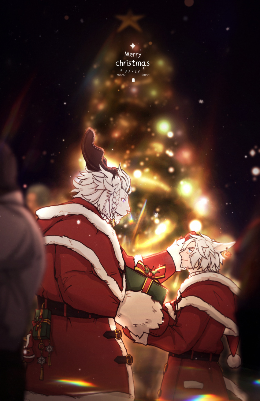2boys antlers bara beard braid cat_boy celebration character_request christmas christmas_tree ears_down eye_contact facial_hair feet_out_of_frame final_fantasy final_fantasy_xiv full_beard furry furry_male furry_with_non-furry gift goatee_stubble hat highres holding holding_gift hrothgar hyur interspecies kuyao lion_boy looking_at_another male_focus mature_male multiple_boys outdoors profile red_headwear reindeer_antlers santa_costume santa_hat short_hair size_difference smile thick_eyebrows warrior_of_light_(ff14) yaoi