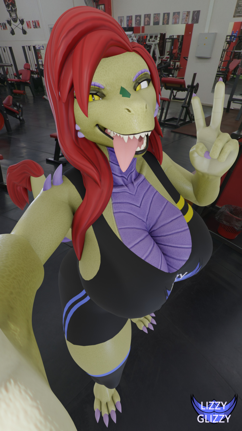 2023 3d_(artwork) 9:16 black_clothing black_lips blue_clothing bottomwear breasts camera_view claws clothing digital_media_(artwork) fangs female_(lore) gesture green_body green_scales green_tail gym hair hi_res juna_june_(lizzyglizzy) komodo_dragon lips lizard lizzyglizzy looking_at_viewer markings monitor_lizard multicolored_body multicolored_scales non-mammal_breasts paws photo_background photography_(artwork) purple_body purple_claws purple_scales red_hair red_tail reptile scale_markings scales scalie selfie shorts tail teeth tongue tongue_out two_tone_body two_tone_scales v_sign watermark yellow_clothing yellow_eyes