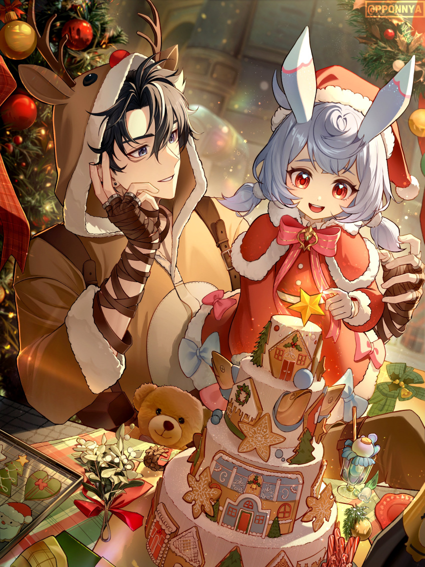 1boy 1girl absurdres alternate_costume animal_costume animal_ears bandaged_hand bandages black_hair blue_eyes brown_hood cake capelet christmas christmas_tree deer_ears desk dress earrings food genshin_impact gloves grey_hair hair_between_eyes hat highres hood hood_up jewelry long_hair long_sleeves low_twintails male_focus merry_christmas multicolored_hair open_mouth pponnya red_capelet red_dress red_eyes reindeer_costume santa_hat short_hair sigewinne_(genshin_impact) smile star_(symbol) streaked_hair stuffed_animal stuffed_toy teddy_bear twintails wriothesley_(genshin_impact)