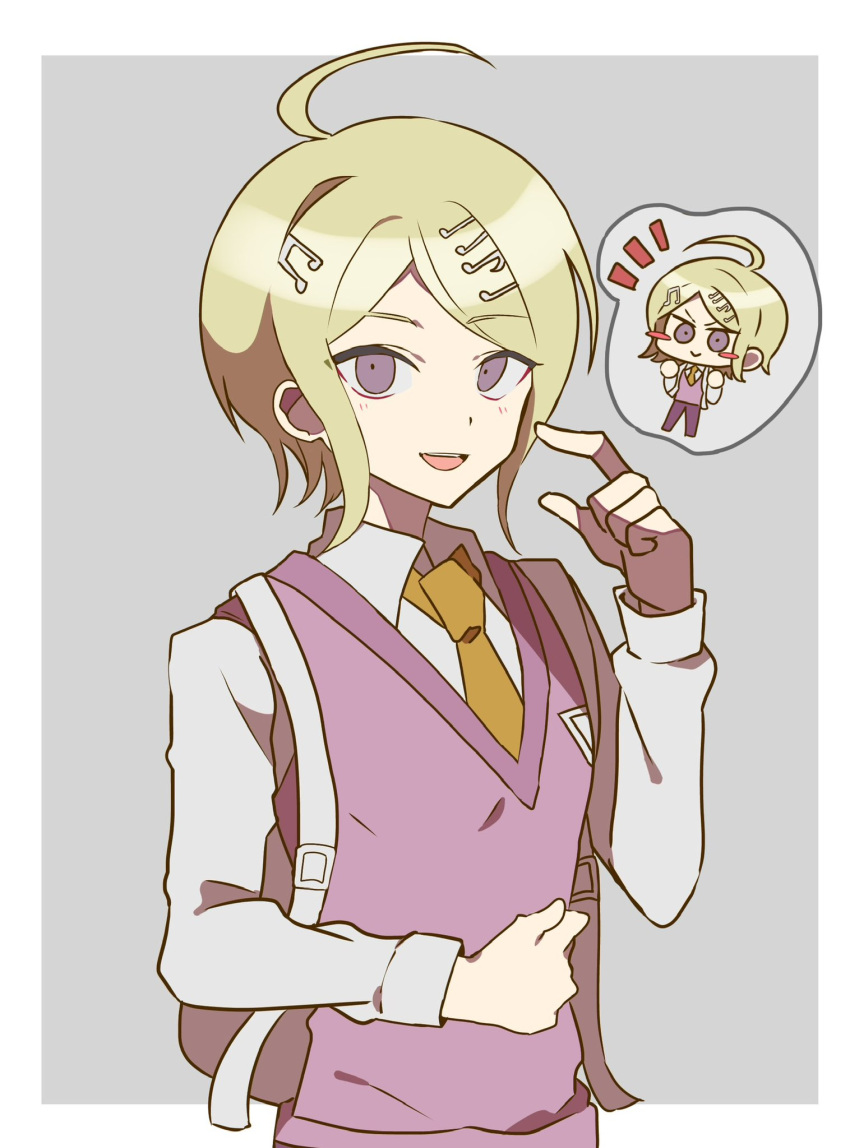 1boy :d ahoge akamatsu_kaede backpack bag blonde_hair border brown_necktie danganronpa_(series) danganronpa_v3:_killing_harmony genderswap genderswap_(ftm) grey_background grey_shirt hair_ornament hand_up highres long_sleeves multiple_views musical_note musical_note_hair_ornament necktie notice_lines pink_sweater_vest purple_eyes shirt short_hair smile sweater_vest teeth todoroki_gk2 upper_body upper_teeth_only white_border