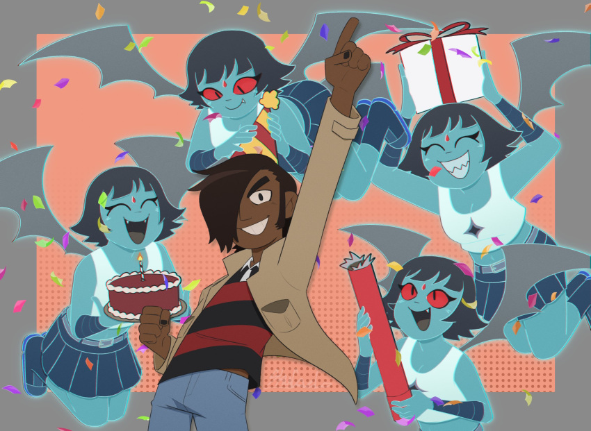 1boy 4girls :d arm_up birthday birthday_cake black_nails blue_hair blue_skin box brown_hair cake candle closed_eyes colored_sclera colored_skin confetti cowboy_shot dark-skinned_male dark_skin demon_girl demon_hipster_chicks demon_wings fang fang_out fangs flying food full_body gift gift_box hair_over_one_eye happy_birthday hat highres holding holding_cake holding_food long_sideburns looking_at_another looking_at_viewer matthew_patel multiple_girls party_hat red_sclera scott_pilgrim_(series) scott_pilgrim_takes_off sharp_teeth short_hair sideburns skycaelo smile teeth wings