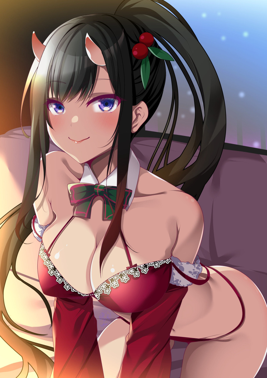 1girl absurdres azur_lane black_hair blue_eyes bra breasts christmas cleavage detached_collar detached_sleeves fur-trimmed_sleeves fur_trim hair_ornament highres holly_hair_ornament horns indoors lace-trimmed_bra lace_trim large_breasts lingerie long_hair looking_at_viewer oni_horns origami_aya panties ponytail red_panties red_sleeves ryuuhou_(azur_lane) sidelocks sitting snow underwear underwear_only white_trim window