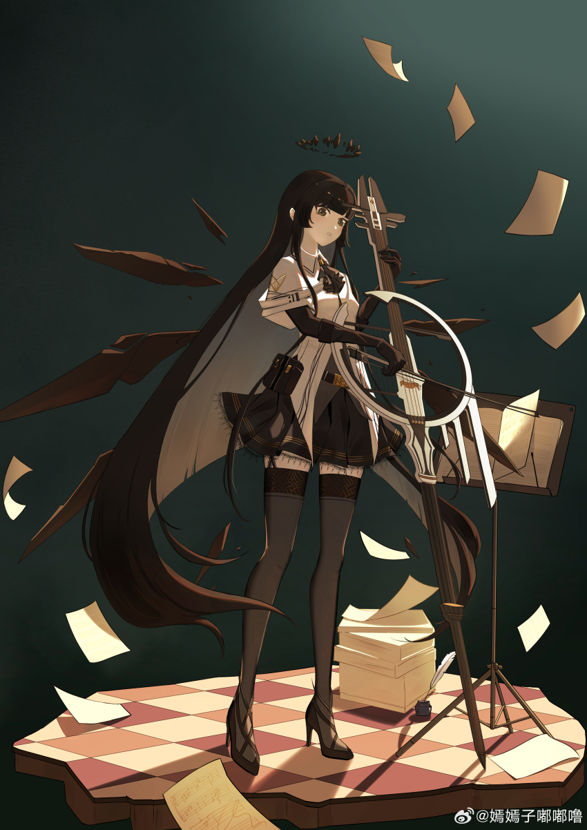 1girl :o absurdres arknights artist_name ascot belt belt_buckle belt_pouch black_ascot black_belt black_eyes black_footwear black_garter_straps black_gloves black_hair black_halo black_pouch black_skirt black_sleeves black_thighhighs black_wings blunt_bangs blush bow_(music) breasts broken_halo buckle cello chinese_commentary collared_jacket colored_inner_hair commentary_request dark_halo detached_wings energy_wings floating floating_object floor from_side full_body garter_straps gloves green_background grey_hair grey_shirt hair_flowing_over halo hands_up high_heels highres hime_cut holding holding_bow_(music) holding_instrument holding_violin instrument jacket knees layered_sleeves legs legs_apart long_hair long_sleeves looking_at_viewer looking_to_the_side miniskirt multicolored_hair music music_stand musical_note pale_skin parted_lips playing playing_instrument pleated_skirt pouch shade shadow sheet_music shirt short_over_long_sleeves short_sleeved_jacket short_sleeves sidelocks skirt small_breasts solo standing straight_hair strappy_heels surprised teeth thighhighs tile_floor tiles two-tone_hair very_long_hair violin virtuosa_(arknights) watermark weibo_logo weibo_username white_jacket wide_sleeves wing_collar wings yanyanzidudulu zettai_ryouiki