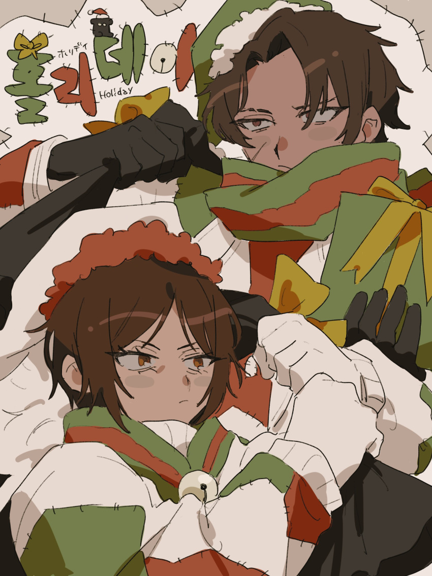 1boy 1girl absurdres black_gloves blush brown_eyes brown_hair christmas closed_mouth e.g.o_(project_moon) gloves green_scarf hand_up hat heathcliff_(project_moon) highres jacket limbus_company meisenlcb outis_(project_moon) patchwork_clothes project_moon red_jacket santa_hat scarf short_hair sweater upper_body white_gloves white_sweater
