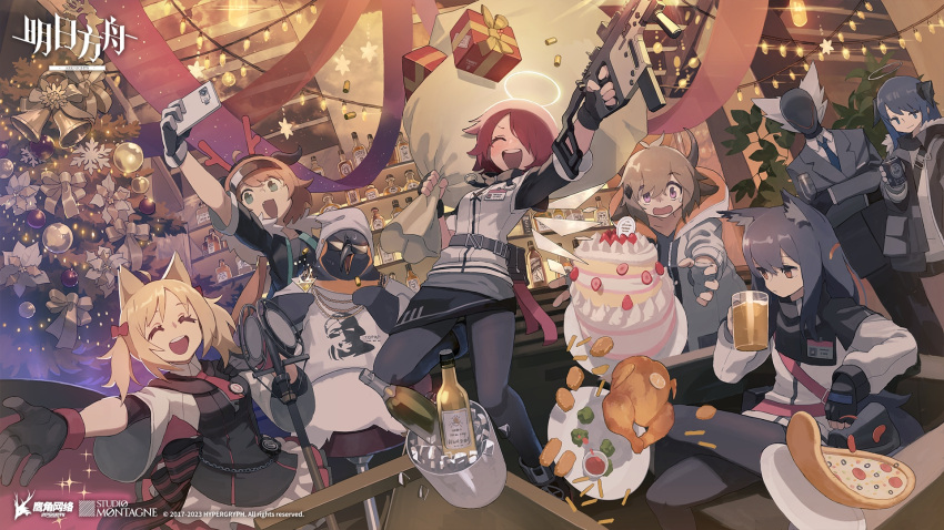 2boys 5girls animal_ears arknights bell bison_(arknights) black_hair blonde_hair bottle box bullet cake cellphone christmas_tree croissant_(arknights) cup drinking_glass exusiai_(arknights) food gift gift_box gloves halo highres holding holding_weapon horns long_hair microphone mostima_(arknights) multiple_boys multiple_girls necktie official_art phone pizza red_hair smile sora_(arknights) sunglasses tail texas_(arknights) the_emperor_(arknights) twintails weapon wine_bottle wine_glass yith_(arknights)