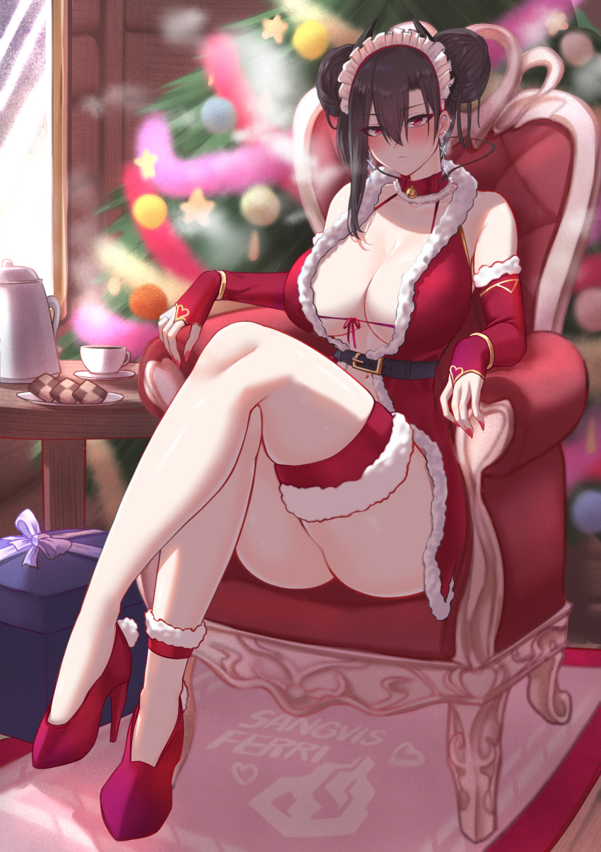 1girl agent_(girls'_frontline) bare_shoulders bell belt black_hair blush breasts chair chinese_commentary christmas_tree collar cookie crossed_legs cup double_bun dress earrings elbow_gloves food gift girls'_frontline gloves hair_between_eyes hair_bun heart high_heels highres indoors jewelry large_breasts long_hair looking_at_viewer maid_headdress nail_polish navel neck_bell pink_nails plate popoman red_dress red_eyes red_footwear red_gloves revealing_clothes ring sitting sleeveless sleeveless_dress solo wedding_ring