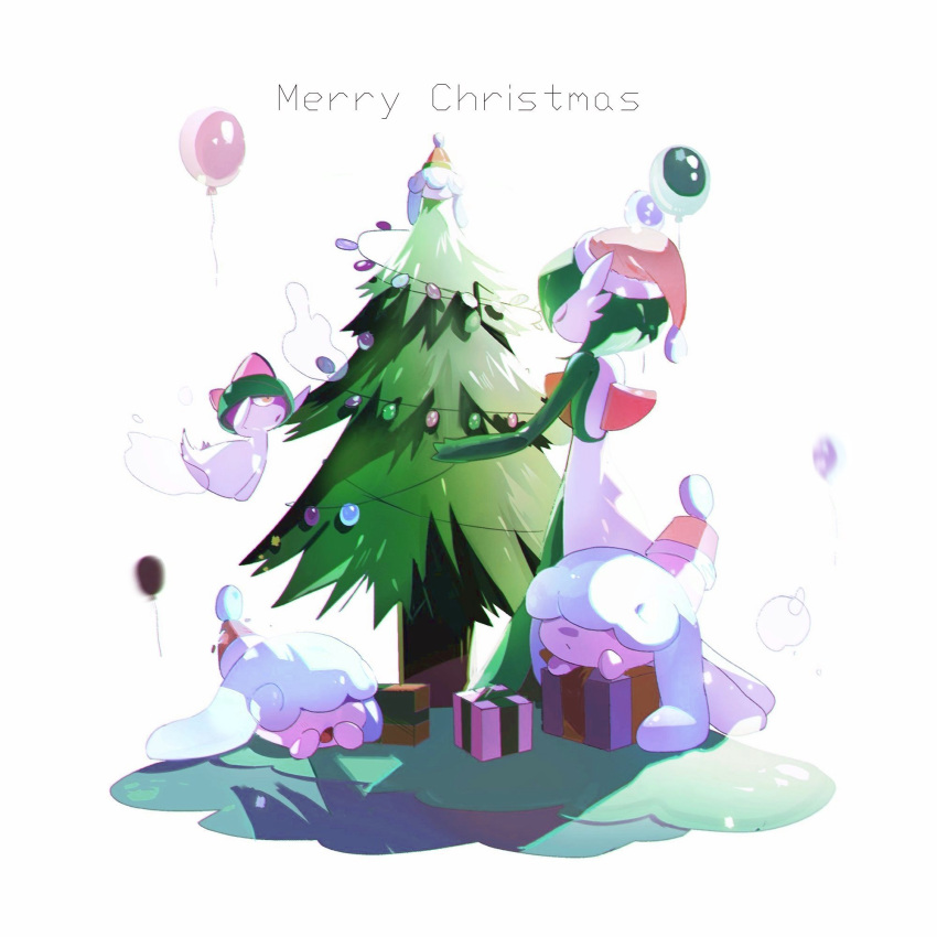 balloon box christmas christmas_lights christmas_tree closed_eyes commentary gardevoir gift gift_box hat hatenna hattrem highres majyo_(witch_poke) merry_christmas pink_headwear pokemon pokemon_(creature) ralts santa_hat standing symbol-only_commentary u_u white_background