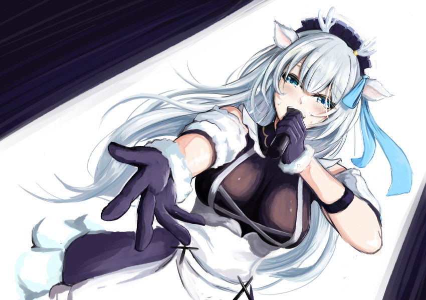 1girl absurdres animal_ears antlers apron arm_garter black_dress black_gloves blue_eyes blue_ribbon breasts clero_(viprimo) deer_antlers deer_ears deer_girl dress fur-trimmed_gloves fur_trim gloves grey_hair hair_ribbon hakushika_iori highres holding holding_microphone large_breasts long_hair maid maid_headdress microphone phase_connect ribbon solo virtual_youtuber white_apron
