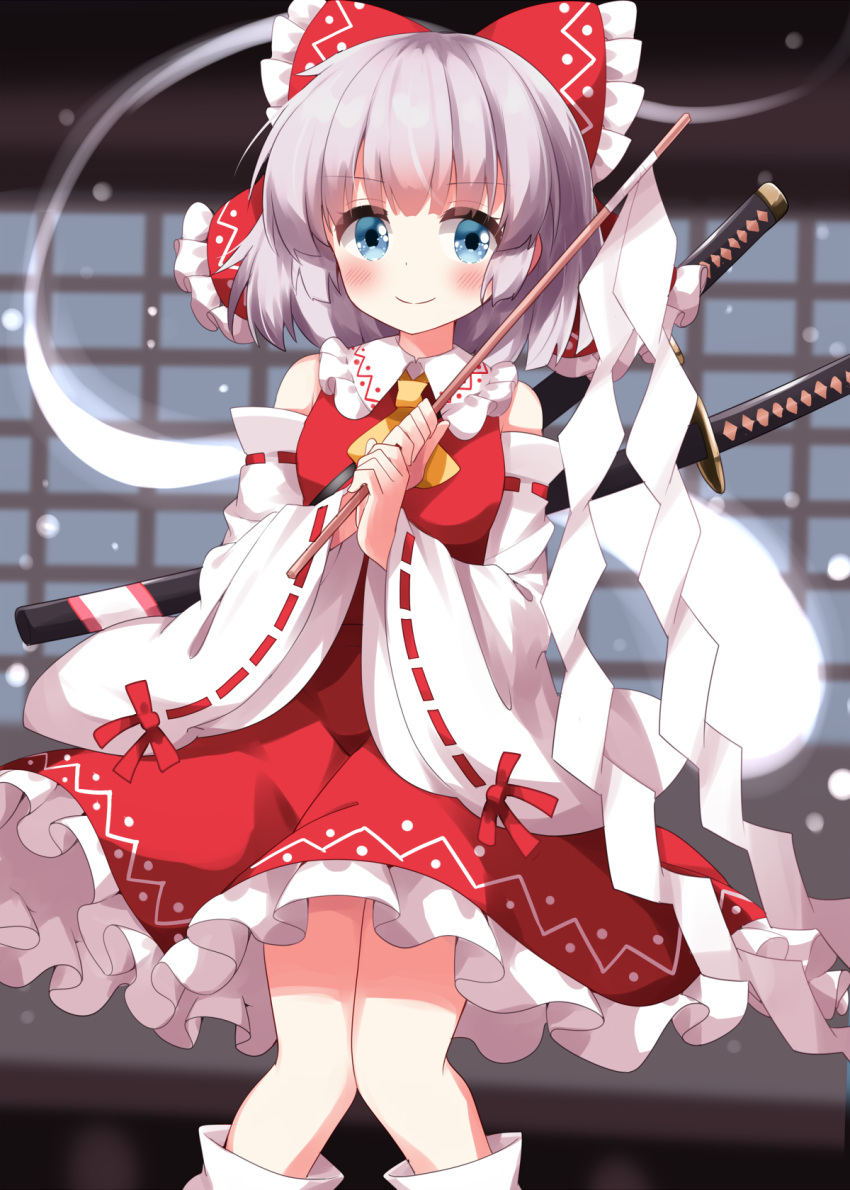 1girl aqua_eyes blurry blurry_background blush bow closed_mouth commentary_request cosplay detached_sleeves dress feet_out_of_frame frilled_skirt frills ghost grey_hair hair_bow hakurei_reimu hakurei_reimu_(cosplay) highres holding indoors konpaku_youmu konpaku_youmu_(ghost) looking_at_viewer multiple_swords red_bow red_dress ribbon-trimmed_sleeves ribbon_trim ruu_(tksymkw) shide short_hair skirt smile solo sword sword_behind_back touhou weapon wide_sleeves