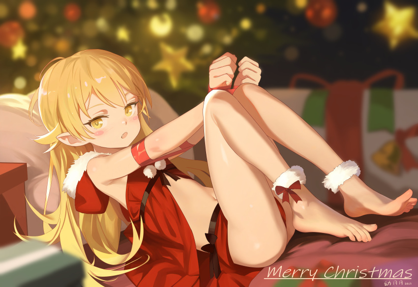 1girl 2023 absurdres babydoll barefoot blonde_hair blush_stickers bound bound_arms bound_wrists bow box christmas_tree commentary english_commentary fang feet from_side fur-trimmed_hood fur_trim gift gift_box highres hood knees_up long_hair looking_at_viewer lying merry_christmas microskirt monogatari_(series) on_back open_mouth oshino_shinobu panties pillow pointy_ears pom_pom_(clothes) red_babydoll red_bow red_hood red_panties red_ribbon red_skirt ribbon signature skirt solo toes underwear yellow_eyes youyueyue