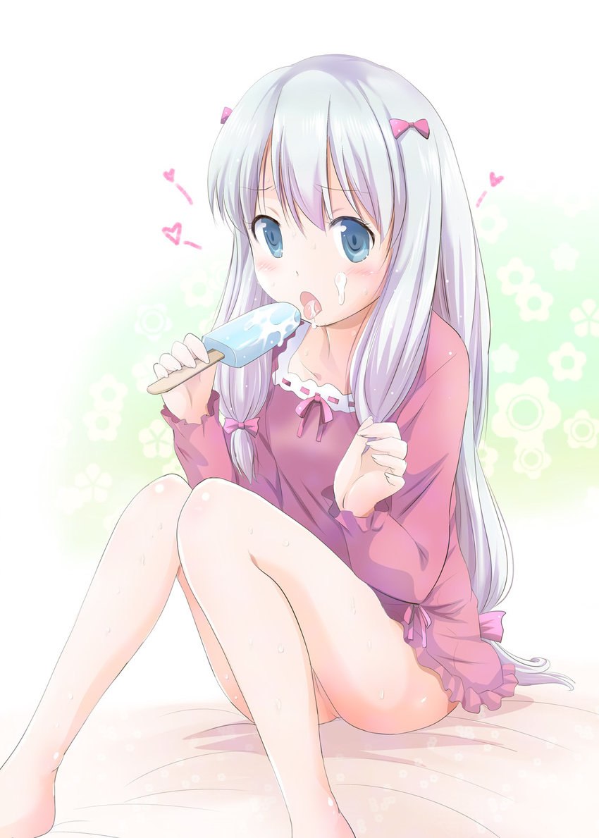 arino_hiroshi bangs barefoot blue_eyes blush eating eromanga_sensei eyebrows_visible_through_hair food frills grey_hair hands_up heart highres holding holding_food ice_cream izumi_sagiri knees_together_feet_apart knees_up long_hair long_sleeves looking_at_viewer open_mouth pajamas popsicle sexually_suggestive silver_hair sitting solo suggestive_fluid thighs white_hair