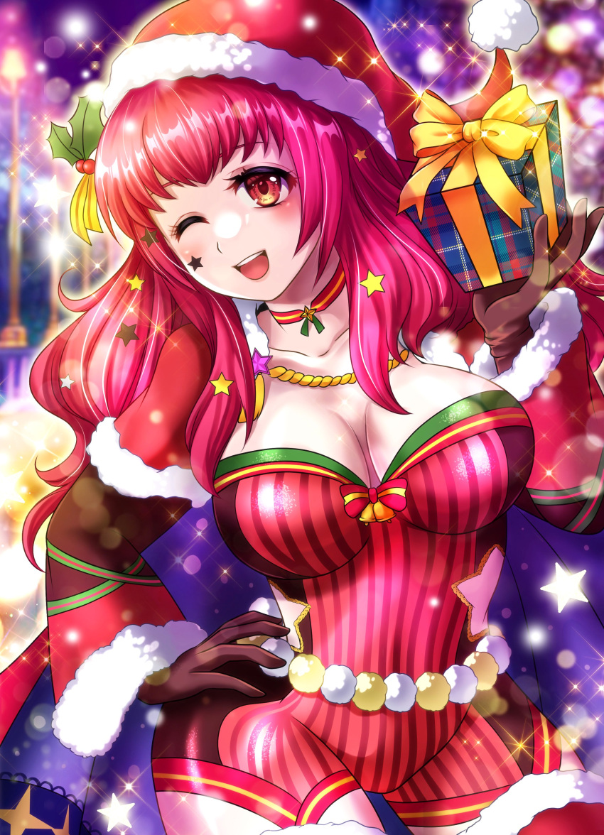 1girl absurdres akimiiiii bodysuit box breasts cape christmas cleavage facial_mark fire_emblem fire_emblem_engage fire_emblem_heroes gift gift_box hair_ornament hat highres holding holding_gift holly_hair_ornament multicolored_cape multicolored_clothes official_alternate_costume red_bodysuit santa_hat solo star_(symbol) star_facial_mark star_hair_ornament star_print yunaka_(fire_emblem) yunaka_(fire_emblem)_(spirited_envoy)