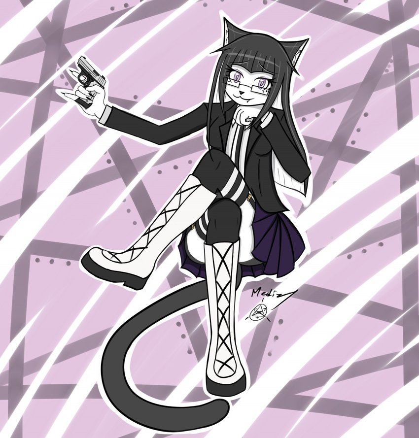 5_fingers anthro black_fur boots cat clothing digital_media_(artwork) eyewear fangs feline female footwear fur glasses goth gun hair handgun hi_res long_hair looking_at_viewer mammal medizy necktie pistol purple_eyes ranged_weapon simple_background skirt smile solo suit tuxedo_cat tuxie_belle weapon white_fur