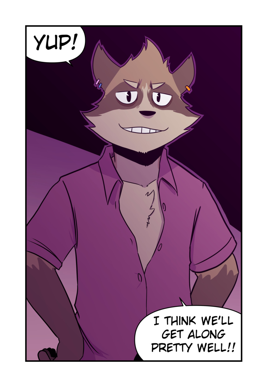 anthro border clothed clothing comic ear_piercing english_text hi_res julian_(t0l0k) male mammal open_clothing open_shirt open_topwear piercing procyonid raccoon shirt smile smirk solo t0l0k text topwear white_border