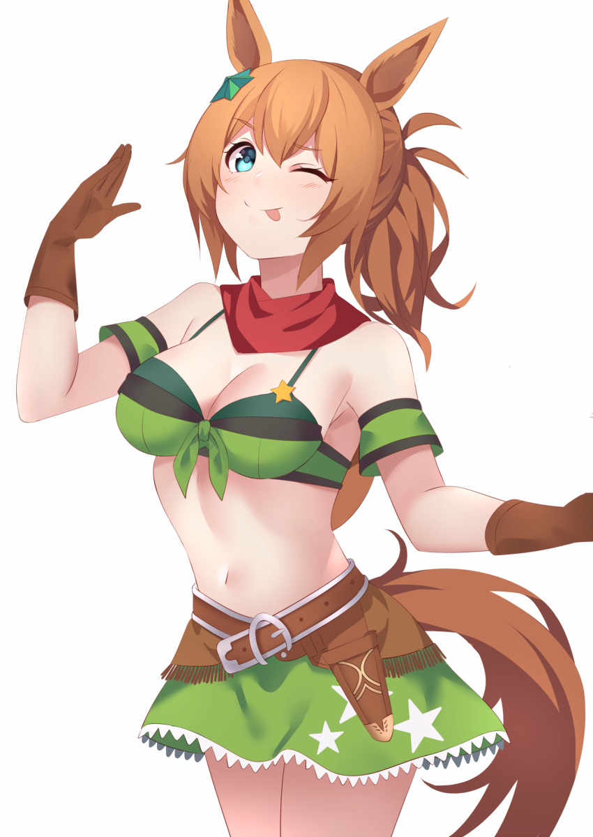 1girl aqua_eyes arm_strap armpits bandana bare_shoulders blush breasts brown_gloves brown_hair cleavage commentary_request cow cowboy_hat cowboy_shot gloves gradient_background green_skirt hair_ornament hat highres holster horse_girl horse_tail large_breasts linea_alba looking_at_viewer medium_hair midriff miya_star_saa navel one_eye_closed ponytail red_bandana skirt smile taiki_shuttle_(umamusume) tail two-tone_background umamusume weapon white_background