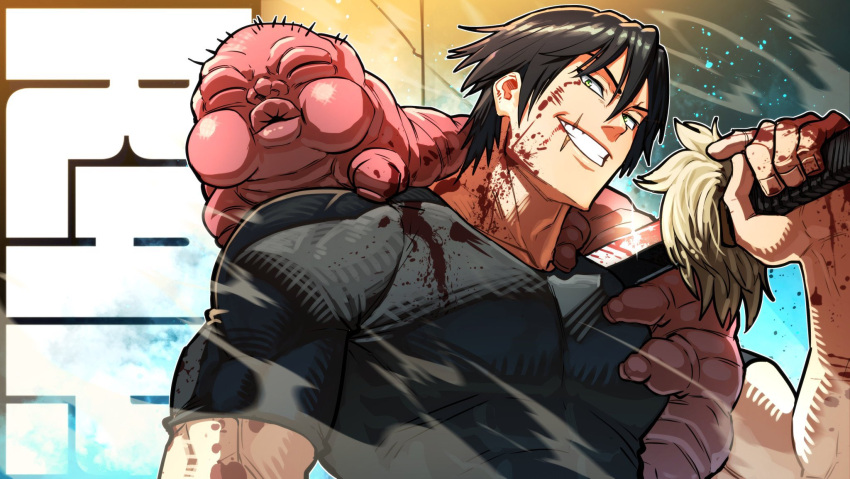 1boy air_current biceps black_hair black_shirt blood blood_on_arm blood_on_clothes blood_on_face blood_on_hands blood_on_weapon blood_splatter closed_mouth collarbone commentary commission deltoids english_commentary english_text fingernails fushiguro_touji gradient_background green_eyes hair_between_eyes hand_up head_tilt highres holding holding_knife jujutsu_kaisen knife large_pectorals looking_at_viewer male_focus mature_male monster muscular muscular_male parted_lips pectorals scar scar_on_face scar_on_mouth shirt short_hair short_sleeves smile solo text_background thirdphp upper_body video_thumbnail weapon