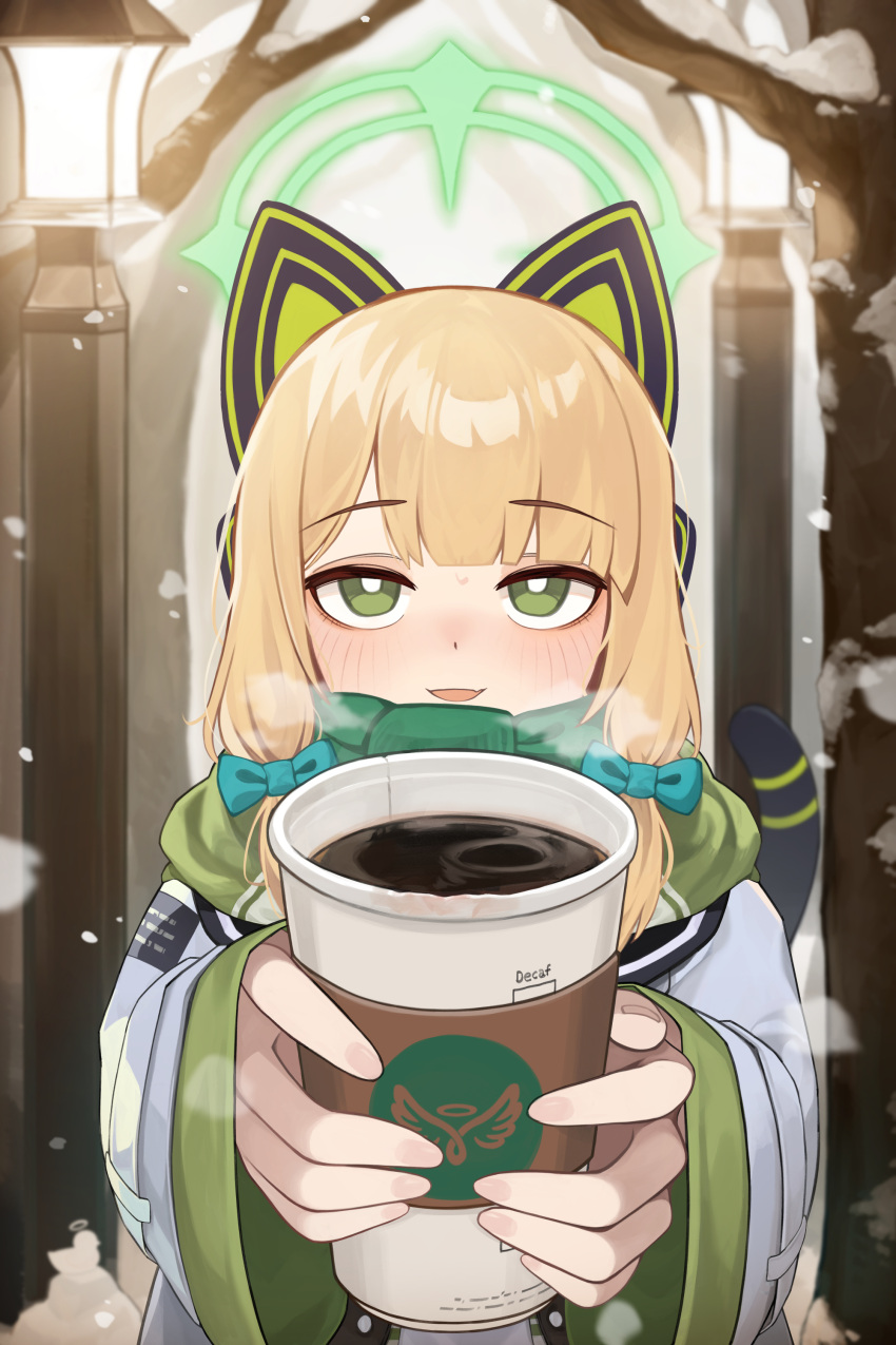 1girl absurdres animal_ear_headphones animal_ears blonde_hair blue_archive blush bow bright_pupils cat_ear_headphones cat_tail coffee coffee_cup commentary cup disposable_cup fake_animal_ears fang green_bow green_eyes green_halo green_scarf halo headphones highres holding holding_cup hun2 lamp long_sleeves looking_at_viewer midori_(blue_archive) open_mouth pov scarf shirt skin_fang snow snowing solo steam tail tree white_pupils white_shirt