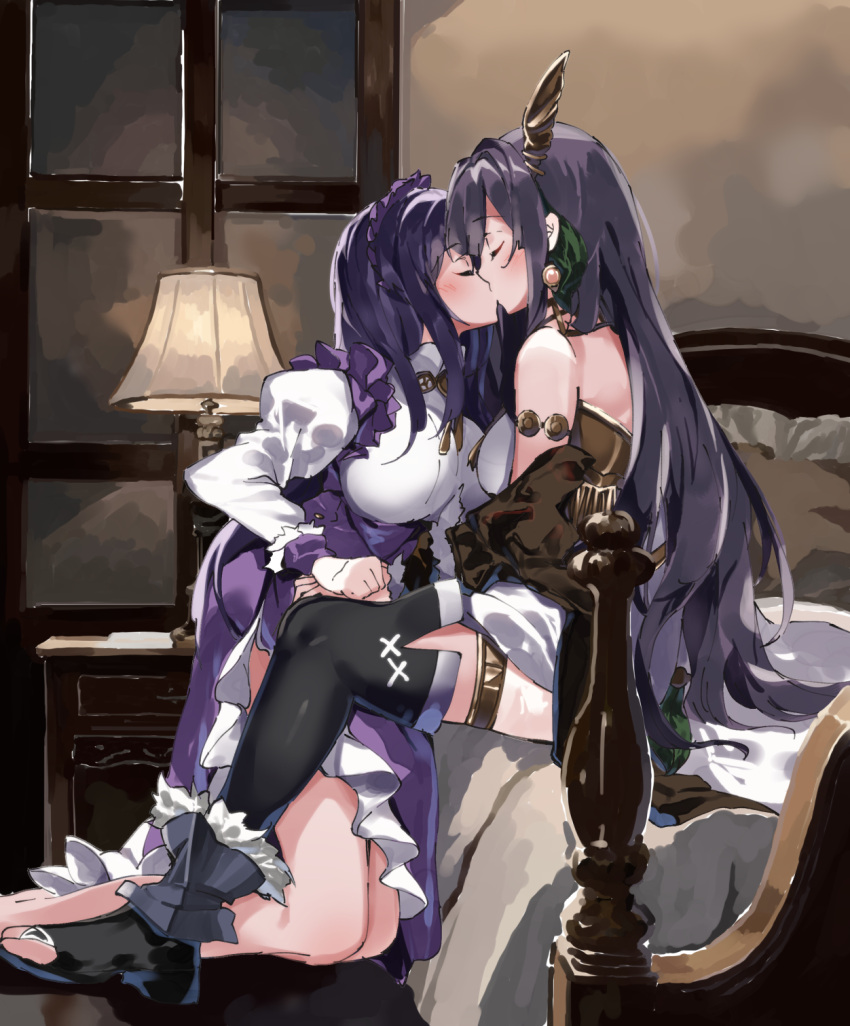 2girls altina_(fire_emblem) ayra_(fire_emblem) bare_shoulders black_hair black_thighhighs blush breasts closed_eyes commentary_request dress fire_emblem fire_emblem:_genealogy_of_the_holy_war fire_emblem:_radiant_dawn frilled_dress frills highres horns indoors juliet_sleeves kiss kneeling lamb_(hitsujiniku) long_hair long_sleeves medium_breasts multiple_girls night on_bed profile puffy_sleeves purple_dress purple_hair shirt sitting thighhighs very_long_hair white_shirt window yuri