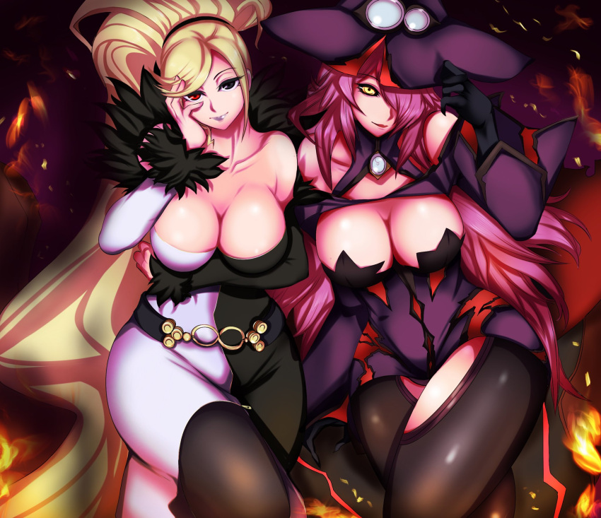 2girls bare_shoulders belt black_eyes black_gloves black_sclera blazblue blazblue:_central_fiction blonde_hair breasts cleavage collarbone colored_sclera crossover detached_sleeves dress fur_trim gaien_(jin_morisono) gloves hair_over_one_eye hand_on_own_face hat heterochromia high_ponytail highres hilda_(under_night_in-birth) konoe_a._mercury large_breasts long_hair looking_at_viewer multicolored_clothes multicolored_dress multiple_girls off_shoulder pink_hair red_eyes swept_bangs thighhighs under_night_in-birth very_long_hair witch_hat