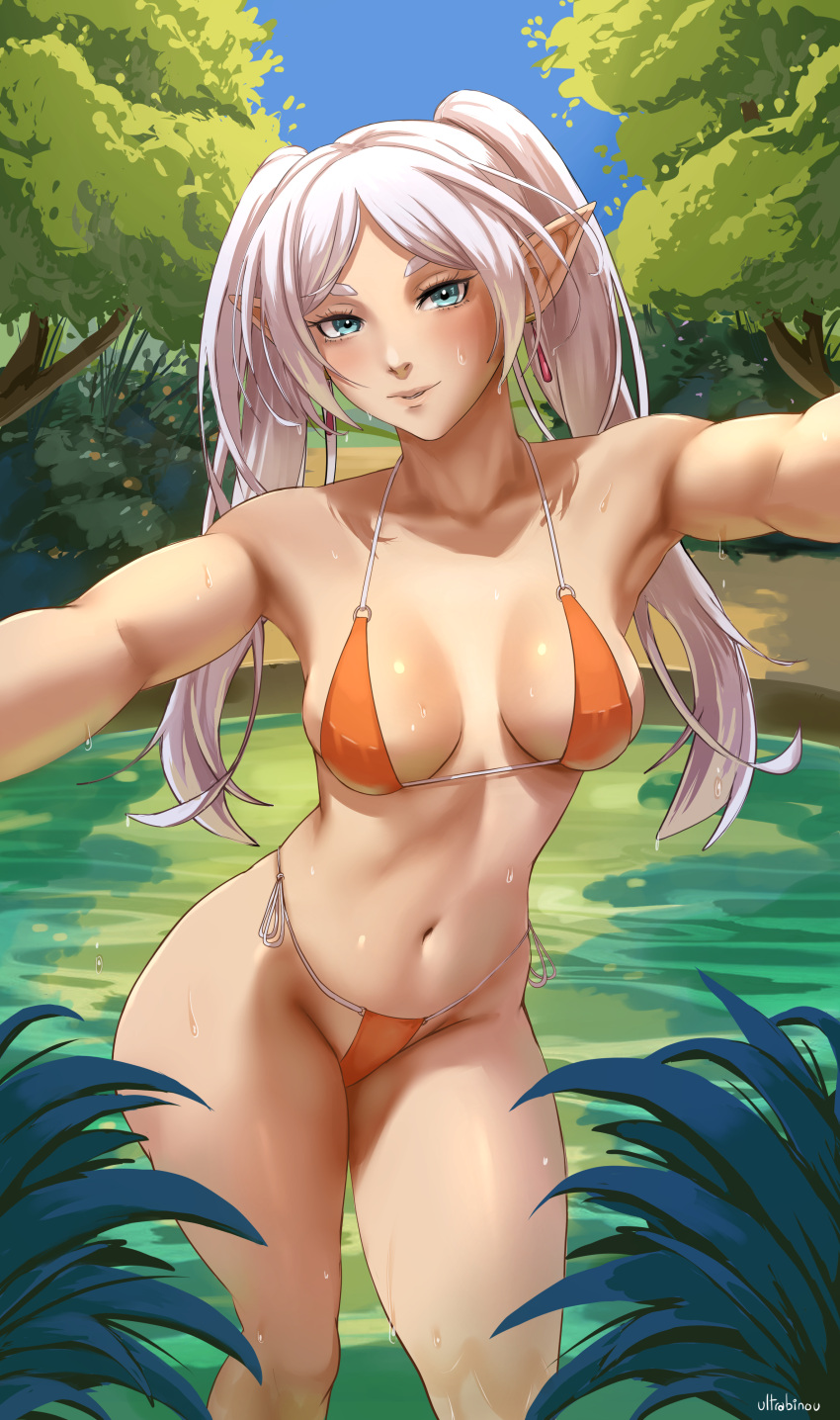 1girl absurdres aqua_eyes armpits bikini blush breasts closed_mouth collarbone day earrings elf feet_out_of_frame frieren grey_hair highres jewelry long_hair looking_at_viewer medium_breasts navel orange_bikini outdoors outstretched_arms parted_bangs parted_lips pointy_ears pond ribbon side-tie_bikini_bottom silk smile solo sousou_no_frieren spider_web standing stomach swimsuit tree twintails ultrabinou water white_ribbon