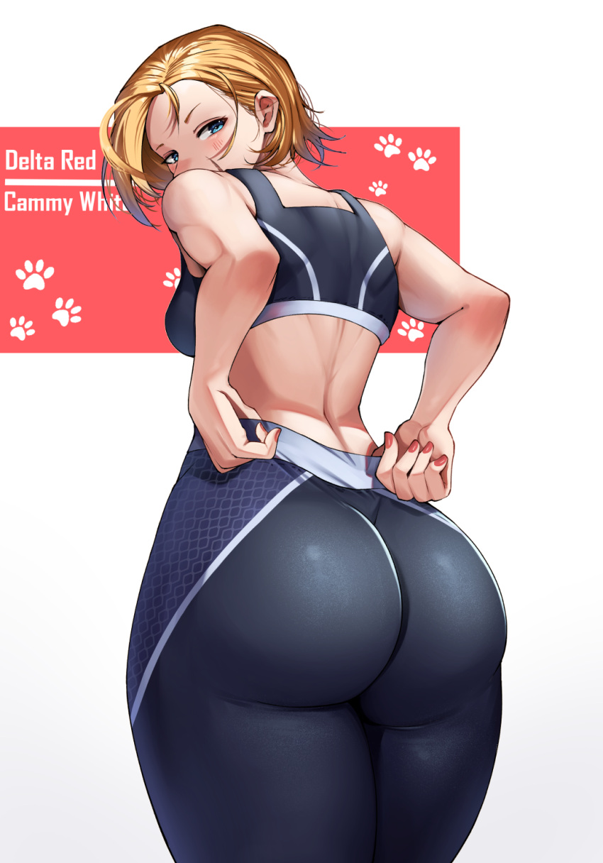 1girl adjusting_clothes ass ass_focus black_pants black_sports_bra blonde_hair blue_eyes blush breasts cammy_white character_name commentary english_commentary fingernails from_behind high-waist_pants highres looking_at_viewer looking_back luxpineapple medium_breasts nail_polish pants red_nails scar scar_on_cheek scar_on_face short_hair shoulder_blades solo sports_bra street_fighter street_fighter_6 thick_thighs thighs tight_clothes tight_pants toned yoga_pants