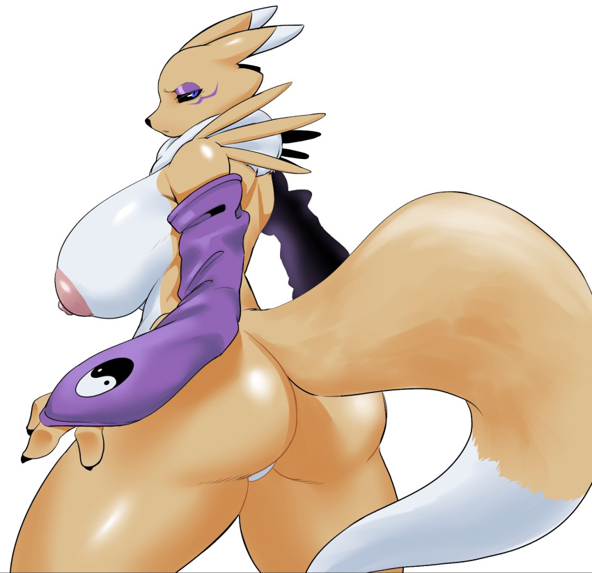 2023 3_fingers anthro areola bandai_namco big_breasts big_butt black_nose blue_eyes breasts butt curvy_figure digimon digimon_(species) dipstick_tail eyelashes eyeshadow female fingers fur half-closed_eyes hi_res huge_breasts looking_at_viewer makeup markings multicolored_body multicolored_fur narrowed_eyes nipples pink_areola pink_nipples purple_eyeshadow renamon shark-py simple_background sleeves solo tail tail_markings thick_thighs two_tone_body two_tone_fur voluptuous white_background white_body white_fur yellow_body yellow_fur yin_yang
