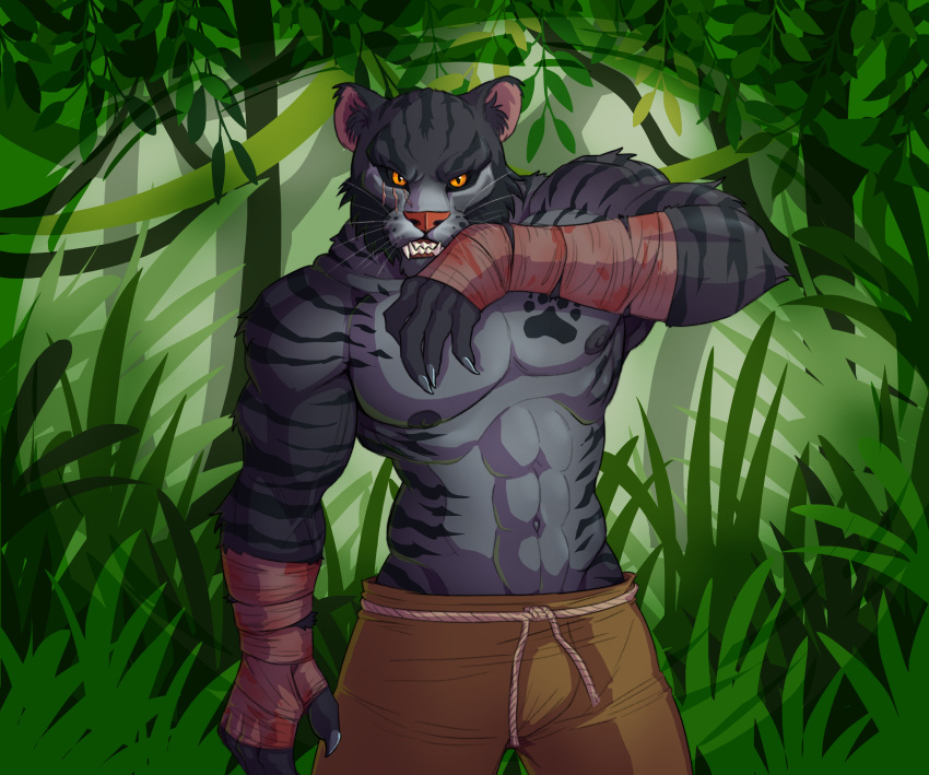 absurd_res anthro bethesda_softworks biped cc-by-nc-nd claws clothed clothing countershade_fur countershade_torso countershading creative_commons facial_scar fangs felid fingers fur hi_res inner_ear_fluff khajiit looking_at_viewer male mammal muscular muscular_anthro muscular_male plant ratopombo scar solo striped_body striped_fur stripes teeth the_elder_scrolls tuft whiskers