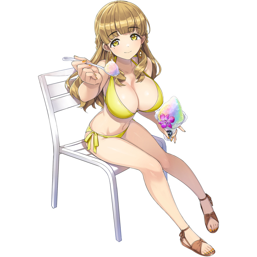 ayato_utae bare_legs bikini blonde_hair breasts chair cleavage dolphin_wave food highres holding holding_spoon large_breasts ootomo_takuji shaved_ice sitting spoon swimsuit