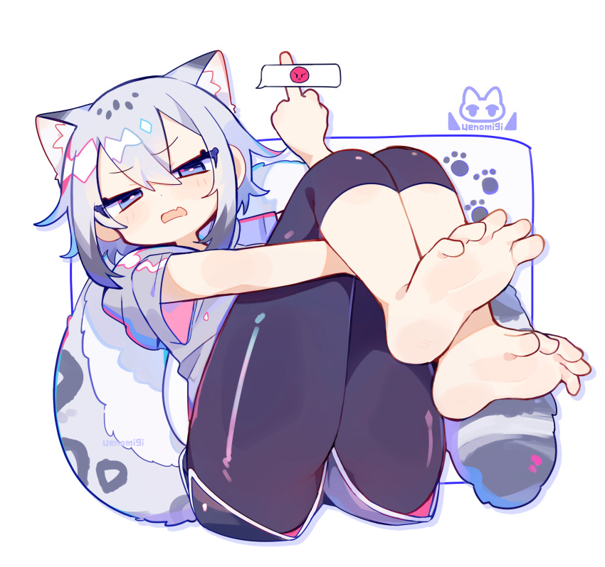 1girl absurdres angry angry_face_emoji animal_ear_fluff animal_ears artist_logo ass barefoot black_leggings blue_eyes cat_ears cat_tail fang grey_hair hair_between_eyes highres hugging_own_legs knees_to_chest leggings leggings_under_shorts looking_at_viewer middle_finger narrowed_eyes original paw_print sidelocks soles solo spoken_emoji tail toes uenomigi v-shaped_eyebrows