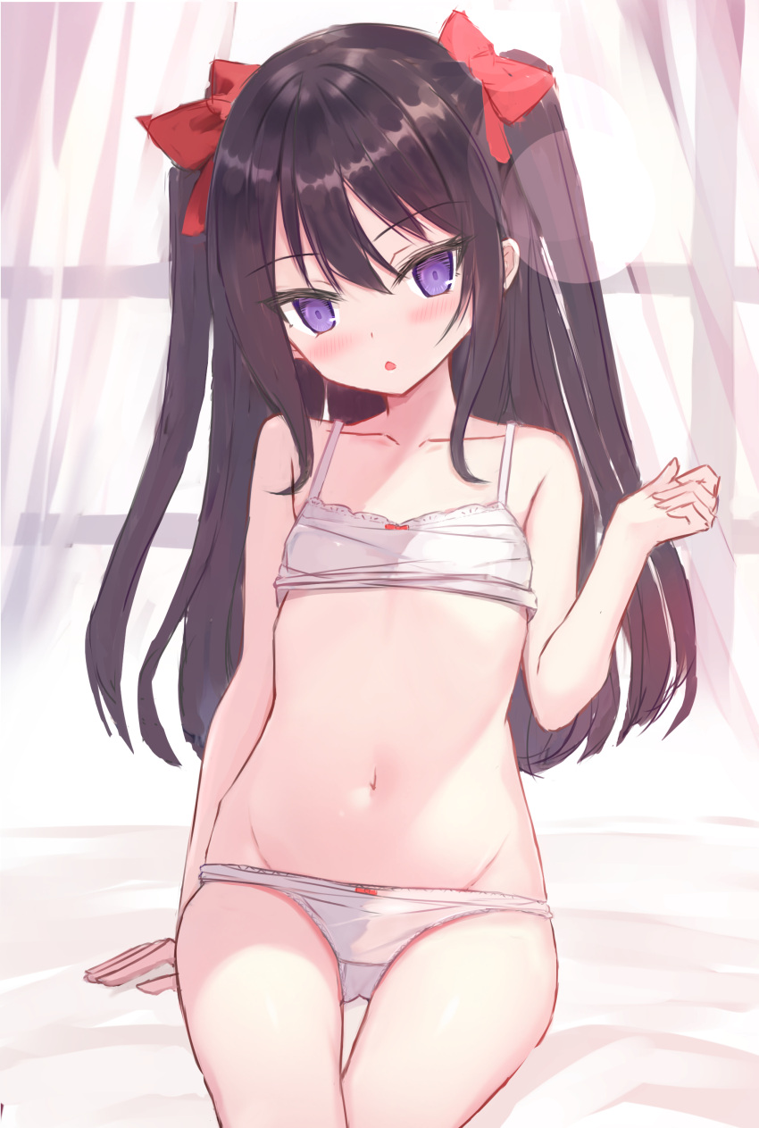 1girl absurdres bed_sheet black_hair bow bow_bra bow_panties bowtie bra bra_lift crotch_seam curtains flat_chest groin hair_bow highres indoors lace-trimmed_bra lace_trim lens_flare looking_at_viewer navel on_bed open_mouth original panties panty_pull purple_eyes red_bow red_bowtie shooko sitting solo thigh_gap training_bra two_side_up underwear underwear_only white_bra window