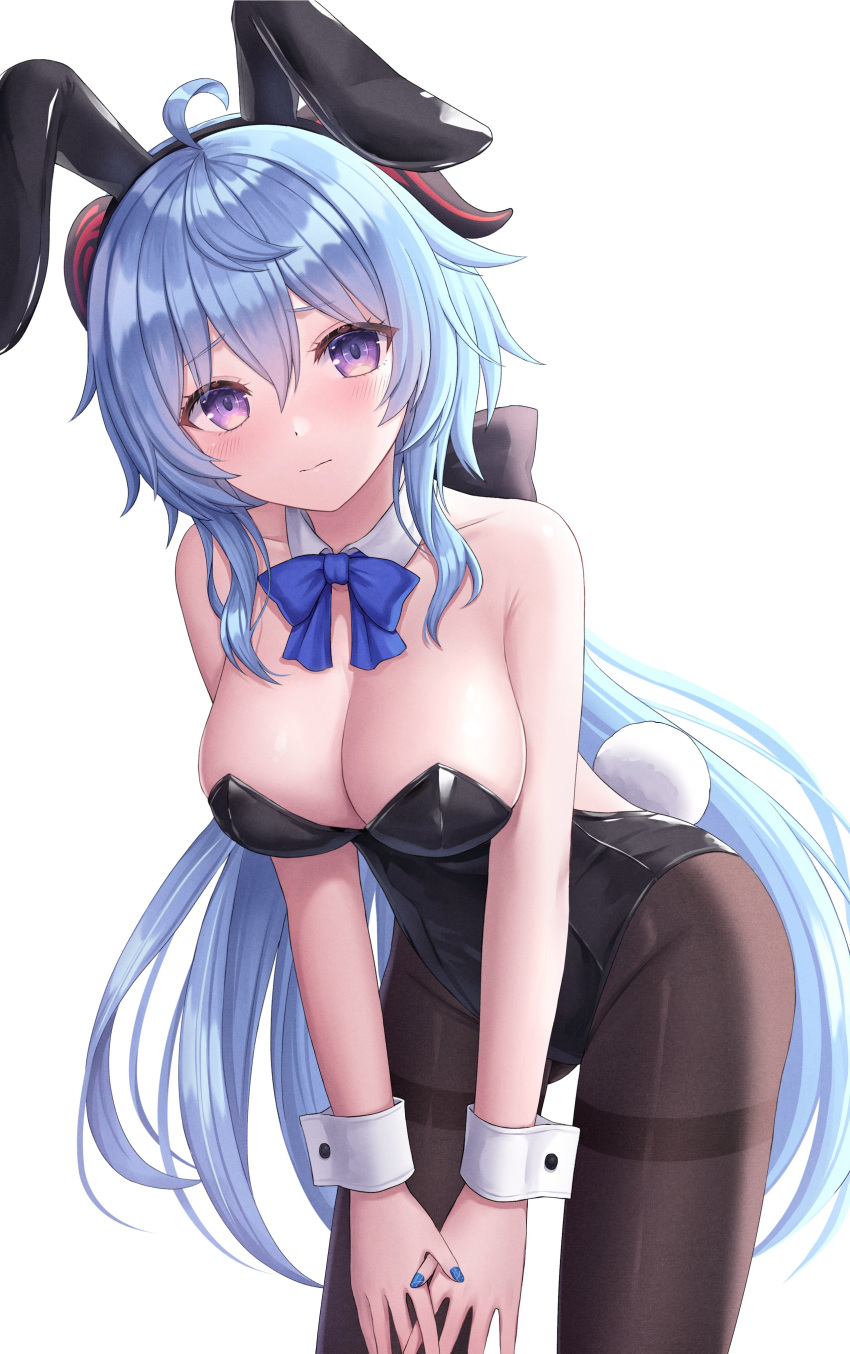 1girl absurdres ahoge alternate_costume animal_ears bare_shoulders blue_hair blue_nails blush breasts brown_pantyhose cleavage closed_mouth fake_animal_ears fake_tail ganyu_(genshin_impact) genshin_impact goat_horns hair_between_eyes highres horns large_breasts long_hair looking_at_viewer nail_polish pantyhose playboy_bunny purple_eyes rabbit_ears rabbit_tail seungju_lee simple_background solo standing tail white_background