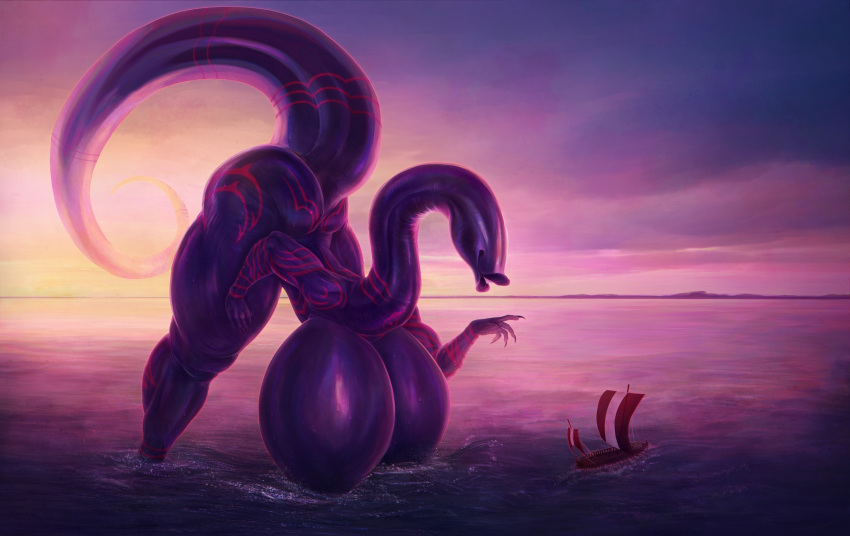 annelid anthro big_breasts black_body black_skin breasts butt demon digital_media_(artwork) female hi_res inkor jinn leech lips macro muscular muscular_anthro nude sea ship solo sunset tail tattoo vehicle water watercraft yetzer_hara