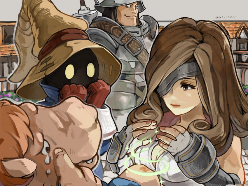 1girl 2boys adelbert_steiner armor beatrix_(ff9) blue_coat breasts brown_hair chainmail cleavage closed_mouth coat curly_hair eyepatch final_fantasy final_fantasy_ix fingerless_gloves gloves glowing glowing_eyes grey_gloves grey_vest hands_on_own_face hat helm helmet highres long_hair looking_at_another magic medieval medium_breasts multiple_boys one_eye_covered plate_armor plunging_neckline red_gloves swept_bangs upper_body uzutanco vest vivi_ornitier weapon weapon_on_back wizard_hat yellow_eyes